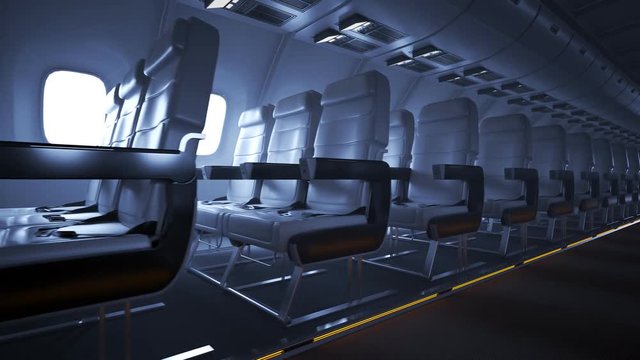 Countless rows of empty airplane seats. Infinite, endless, seamless loop. 4K HD
