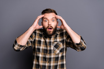 Handsome attractive bearded young brunet men wearing checkered s