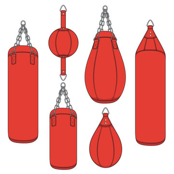 Set of color illustrations with a red punching bag, boxing pears. Isolated vector objects on white background.