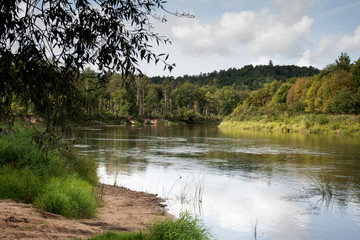 side view on wide still river in forest in summer day with blue sky and clouds