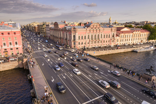 St. Petersburg from the roof, Anichkov Bridge over the Fontanka and Nevsky Prospect
