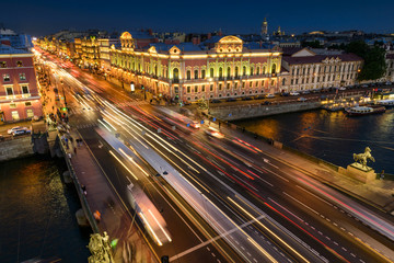 Fototapeta na wymiar St. Petersburg from the roof, Anichkov Bridge over the Fontanka and Nevsky Prospect