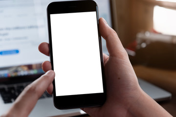 woman using Smartphone. Blank screen mobile phone for graphic display montage.networking service.