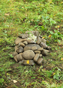 mound of stones decorated with meadow flowers on the grave of a pet