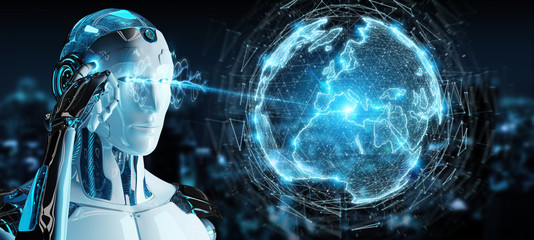 White humanoid using globe network hologram with Europe map 3D rendering