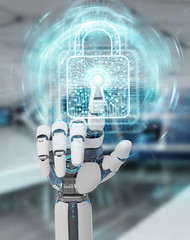 White robot hand securing digital datas 3D rendering