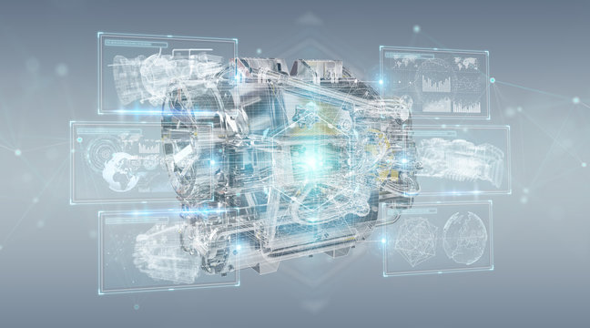 Wireframe holographic 3D digital projection of an engine