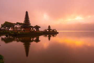 Pura Ulun Danu Bratan Hindu temple at Bratan lake in morning sunrise with reflection.Famous place tourist attraction in Bali, Indonesia