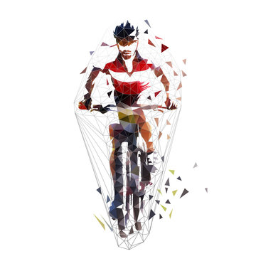 Mountain cycling, low polygonal  mtb biker, isolated geometric vector illustration. Front view
