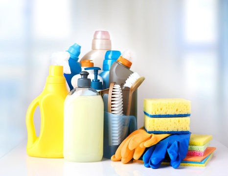 Sanitary household cleaning items objects.