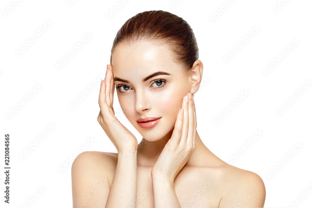 Wall mural Skin care woman face with healthy beauty skin face closeup cosmetic age concept