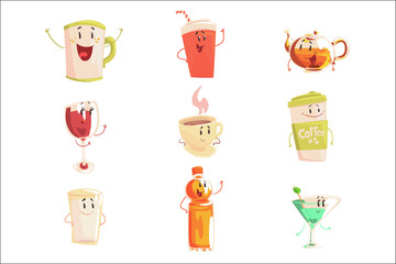 Funny cup, bottle, glass with drinks standing and smiling, set for label design. Cartoon detailed Illustrations isolated