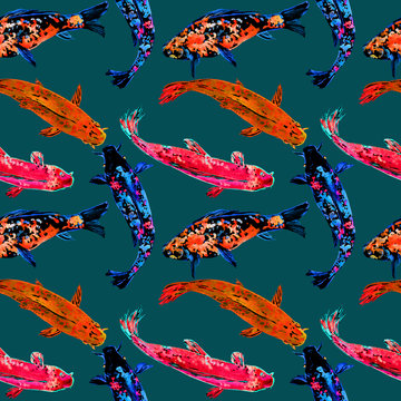 Koi carps, hand painted watercolor illustration in bright neon red, blue colors palette, seamless pattern design on dark green background