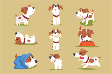 Funny puppy daily routine set, cute little dog in his evereday activity colorful character - obrazy, fototapety, plakaty