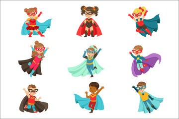 Super kids set, boys and girls in superhero costumes colorful vector Illustrations © topvectors