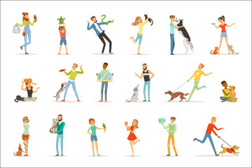 Fototapeta na wymiar Happy people having fun with pets, man, women and kids training and playing with their pets vector Illustrations
