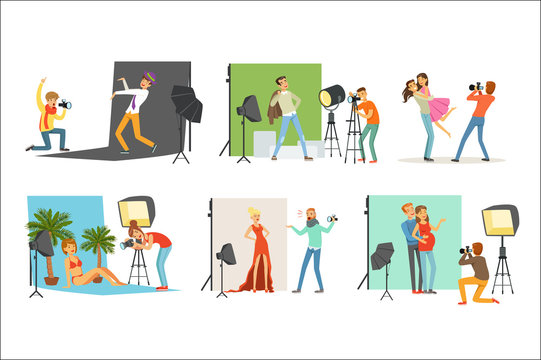 Photo studio set, photographers taking pictures of different people with professional photographic equipment vector Illustrations