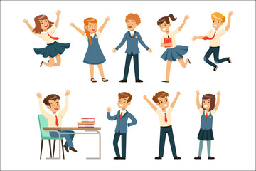 Cute pupils in blue school uniform having fun at school set, back to school, education concept colorful vector Illustrations