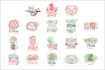 1 May set original design. Spring holidays, First May, International labor day colorful hand drawn vector Illustrations