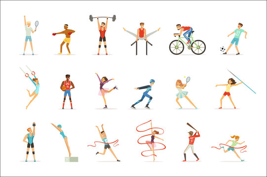 Athletic people doing various kinds of sports, people in gym, sports equipment colorful vector Illustrations