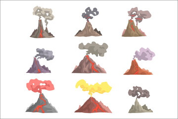 Volcano eruption set, volcanic magma blowing up, lava flowing down cartoon vector Illustrations