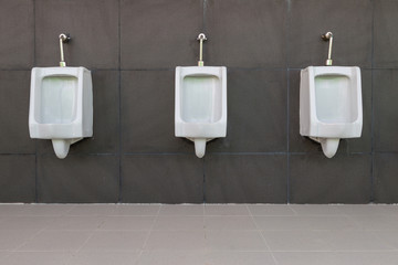 Row of white urinal men public toilet with gray wall
