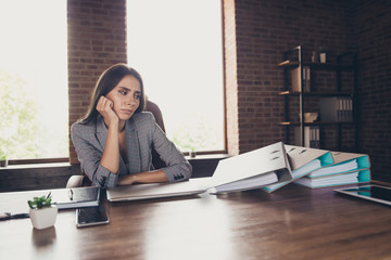 I need rest Boredom concept. Thoughtful and sad accountant lady