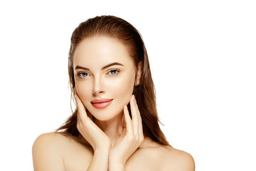 Fototapeta premium Beautfiful brunette woman with healthy skin isolated on white cosmetic concept