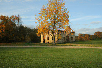 Paulavos Republic in Lithuania. Old Bricks Ruins with Forest in Background