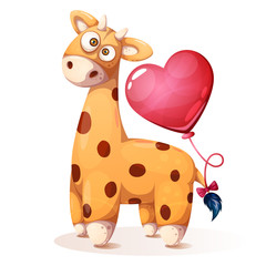 Cute, funny teddy giraffe with heart balloon - cartoon illustration. Vector eps 10.