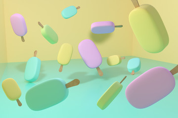 Abstract 3d rendering of pastel coloured ice cream popsicles floating around in a light and colourful room