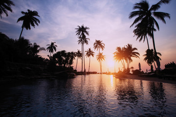 Fototapeta na wymiar Beautiful sunset with silhouettes of palm trees on a tropical beach.