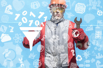 Industrial man clicks a funnel with filtering numbers zero one and offers a spanner. Digital Data...