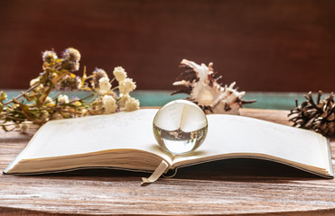 The transparent glass sphere lies on the opened notebook