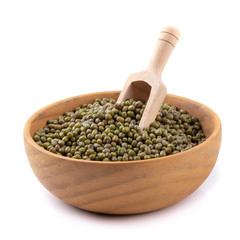 Raw mung bean or green bean in a wooden bowl isolated on white background