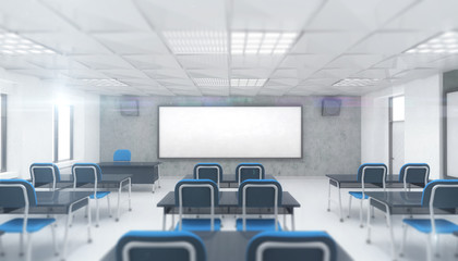 Fototapeta na wymiar bright modern classroom interior front view, education 3D render illustration template