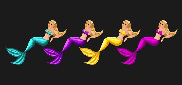 Isometry set of fairy-tale characters, cartoon, mermaid, beautiful serena, set for graphic games. Vector illustration