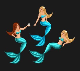 Isometry fairy characters on a dark background, beautiful mermaids, a bright set of characters set 2