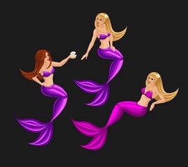 Isometry fairy characters on a dark background, beautiful mermaids, a bright set of characters set 4