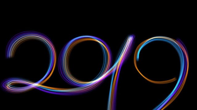 4K. Numbers 2019 From Yellow, Blue And Purple Neon Streaks Turn Into Christmas Tree. 3840x2016. 3D Animation.