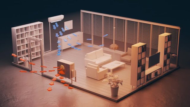 Schematic view of a room being gradually cooled by a split air conditioner unit.