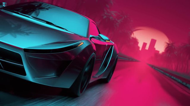 Synthwave style sport car driving towards the city High speed automotive concept