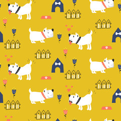 Fototapeta premium Seamless pattern with adorable puppies yellow background.