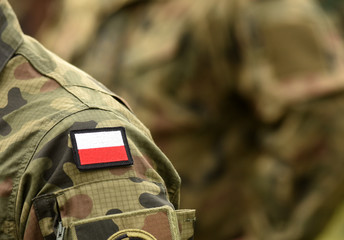 Polish patch flag on soldiers arm. Poland military uniform. Poland troops