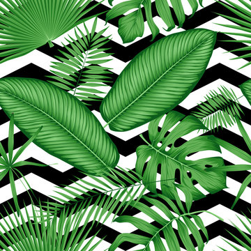 Beautiful seamless vector floral pattern tropical jungle leaves on a geometric background