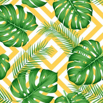 Exotic pattern with tropical leaves on a geometric background with yellow rhombuses