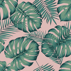 Seamless tropical pattern with leaves monstera and areca palm leaf on a pink background - obrazy, fototapety, plakaty