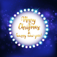 Merry Christmas and Happy New Year greeting postcard shiny neon banner on glowing background, vector illustration