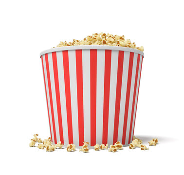 3d rendering of a large red and white bucket full of popcorn falling out of it on a white background.