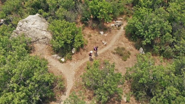 Couple hiking walking a pach